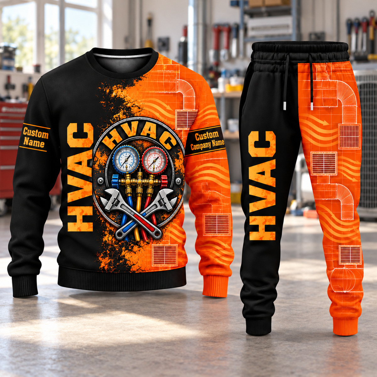 HVAC Vertical Split sweater and jogger combo, hero view with name and company artwork