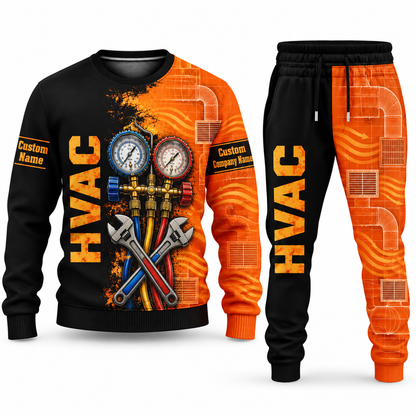 HVAC Vertical Split sweater and jogger combo, tools view with name and company artwork