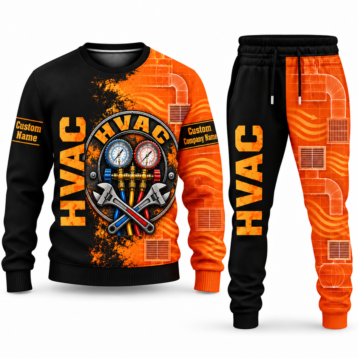 HVAC Vertical Split sweater and jogger combo, emblem view with name and company artwork