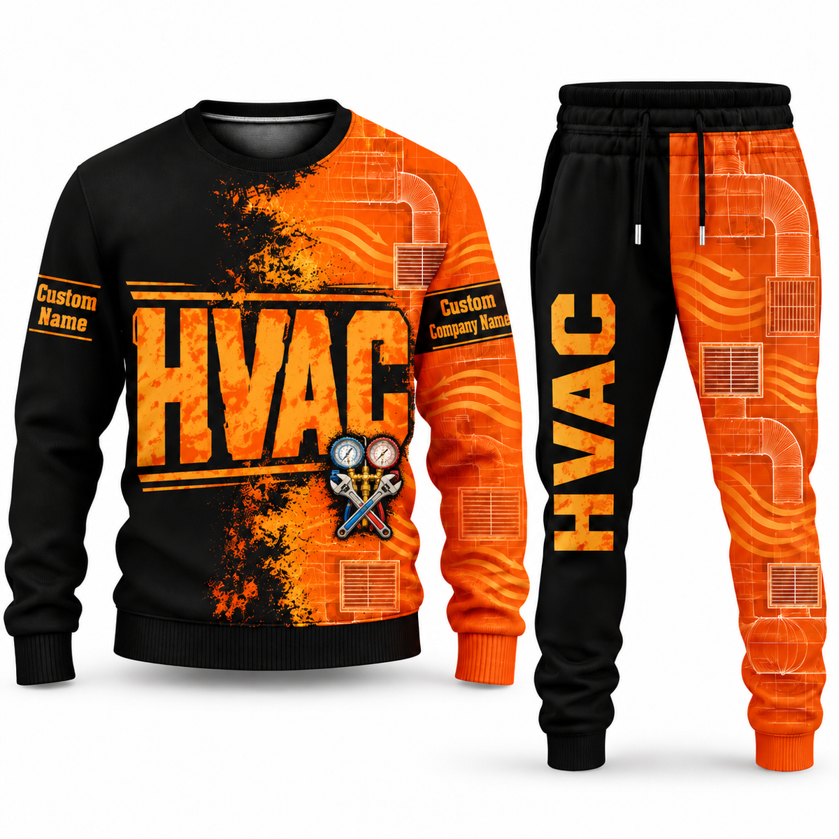 HVAC Vertical Split sweater and jogger combo, typography view with name and company artwork