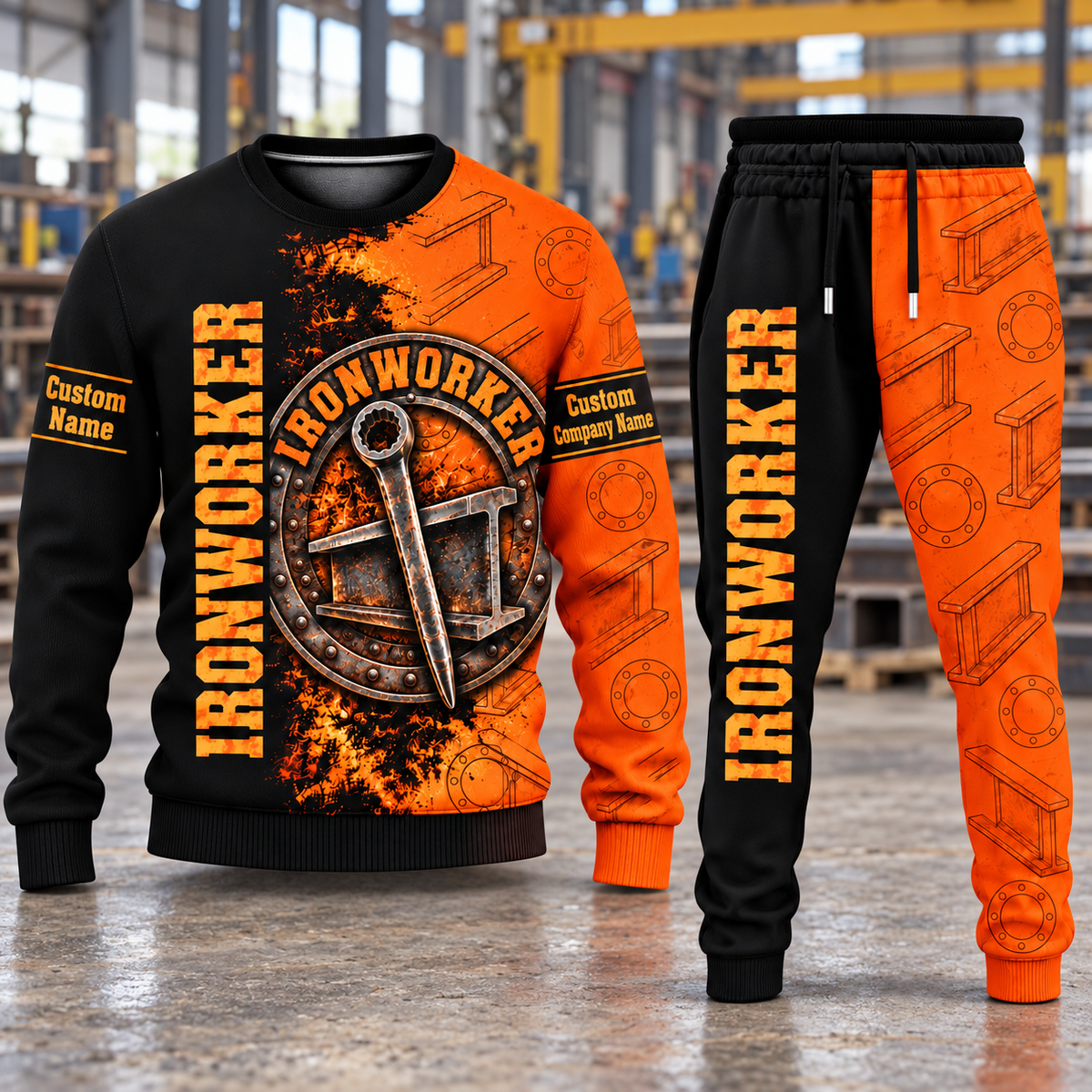 Ironworker Vertical Split sweater and jogger combo, hero view with name and company artwork
