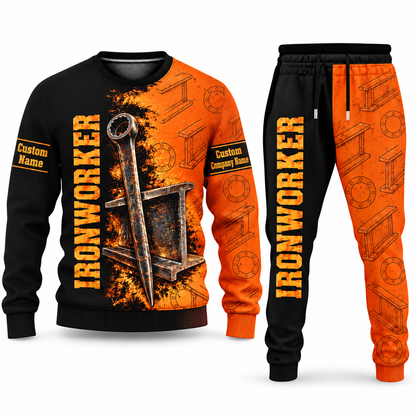 Ironworker Vertical Split sweater and jogger combo, tools view with name and company artwork