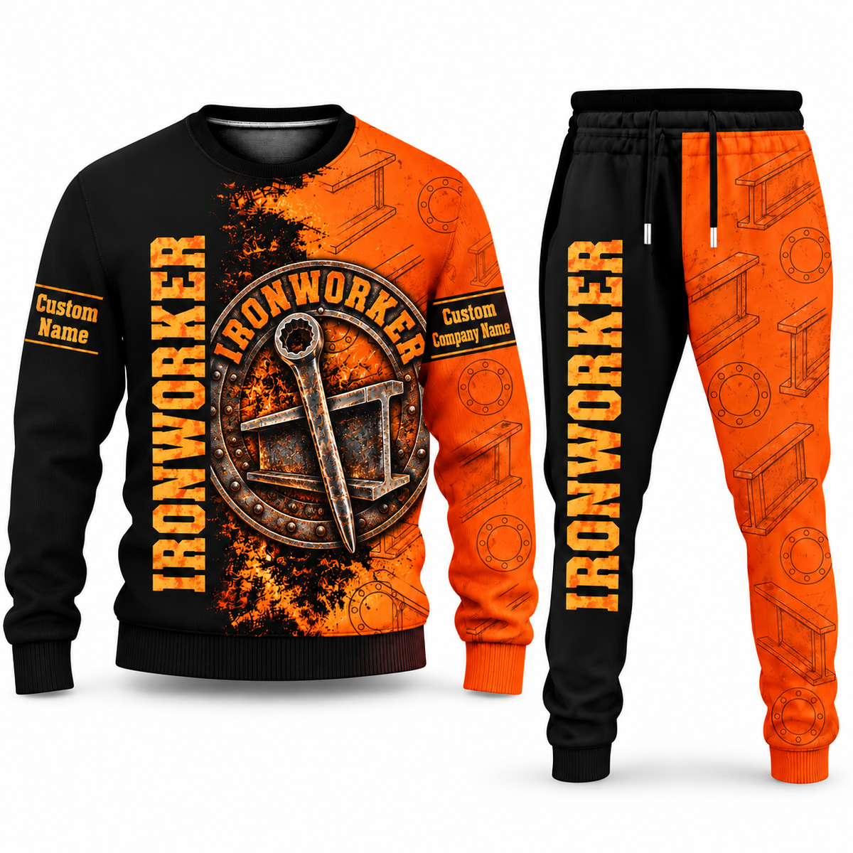 Ironworker Vertical Split sweater and jogger combo, emblem view with name and company artwork