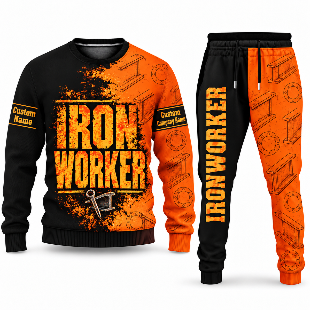 Ironworker Vertical Split sweater and jogger combo, typography view with name and company artwork