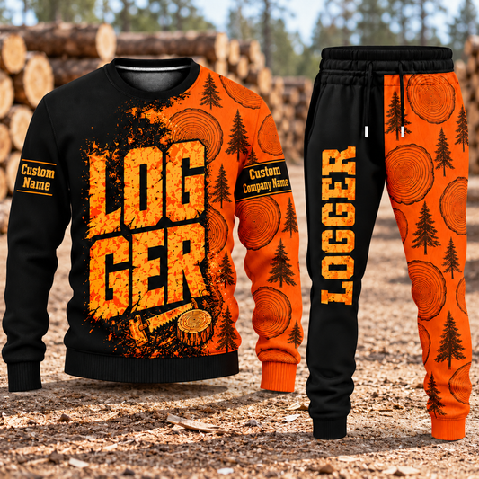 Logger Vertical Split sweater and jogger combo, hero view with name and company artwork