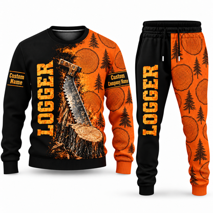 Logger Vertical Split sweater and jogger combo, tools view with name and company artwork
