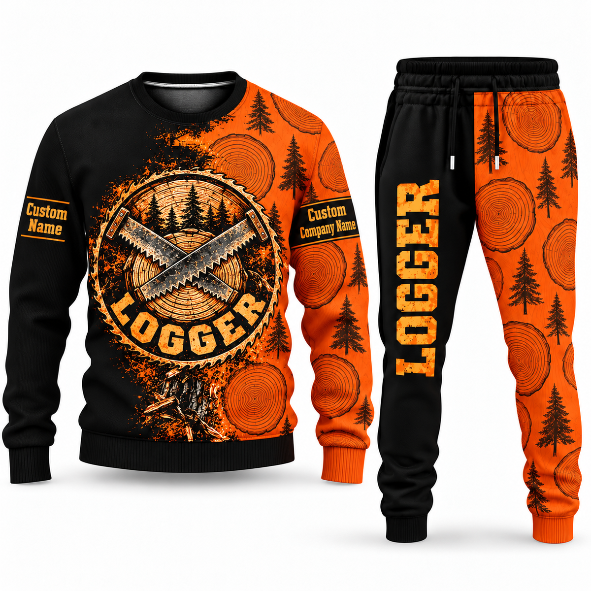 Logger Vertical Split sweater and jogger combo, emblem view with name and company artwork