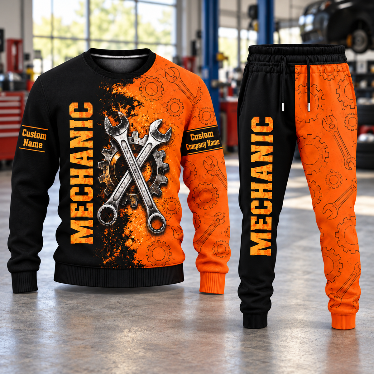 Mechanic Vertical Split sweater and jogger combo, hero view with name and company artwork