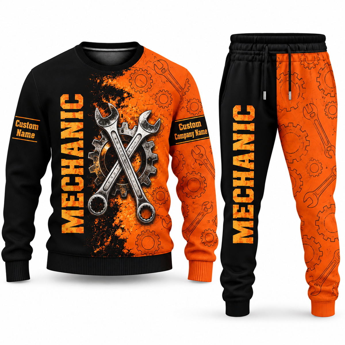 Mechanic Vertical Split sweater and jogger combo, tools view with name and company artwork