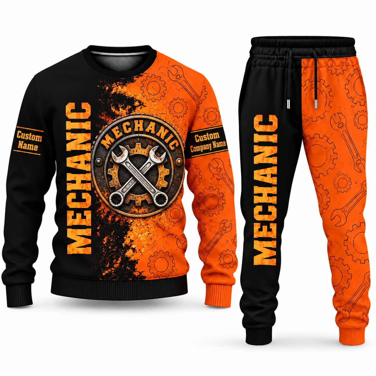 Mechanic Vertical Split sweater and jogger combo, emblem view with name and company artwork