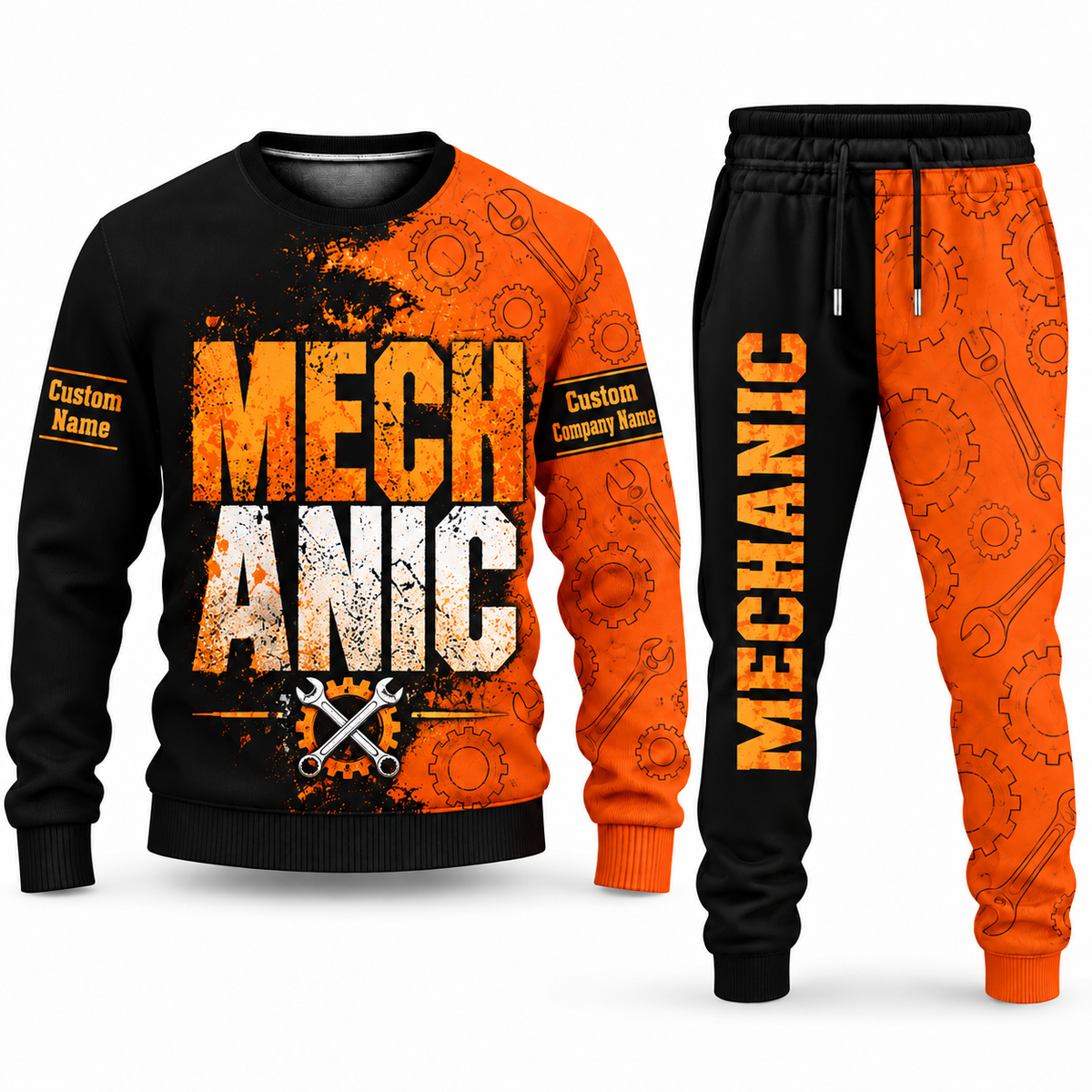 Mechanic Vertical Split sweater and jogger combo, typography view with name and company artwork