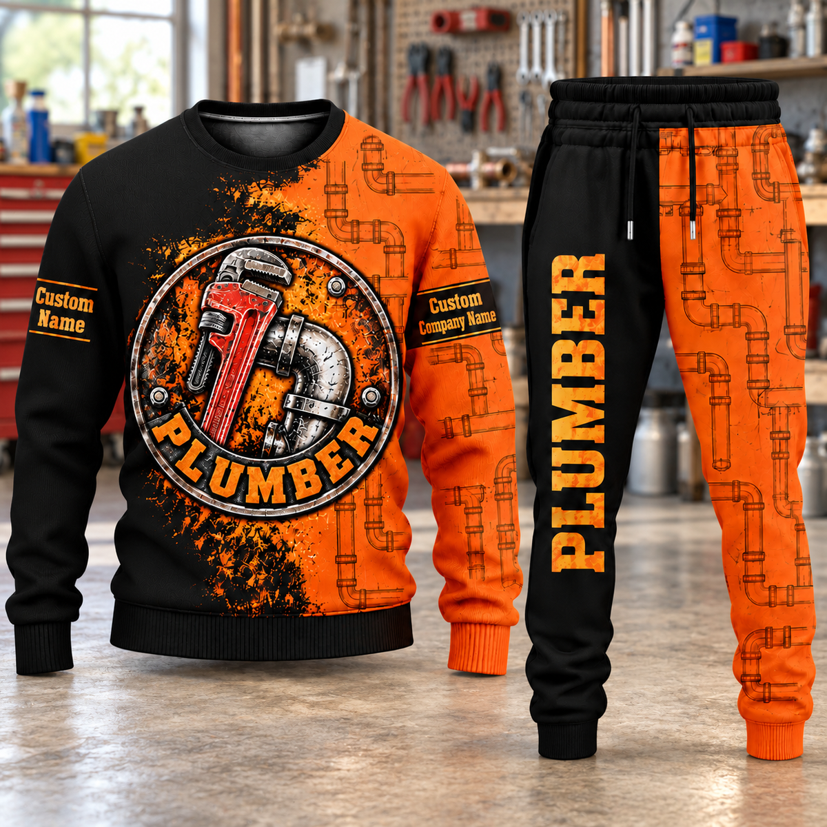 Plumber Vertical Split sweater and jogger combo, hero view with name and company artwork