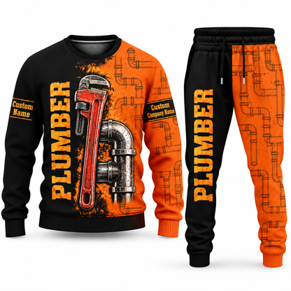 Plumber Vertical Split sweater and jogger combo, tools view with name and company artwork