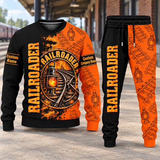 Railroader Vertical Split sweater and jogger combo, hero view with name and company artwork