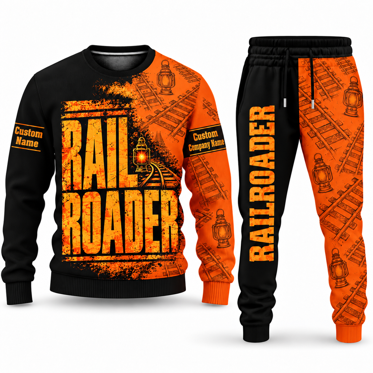 Railroader Vertical Split sweater and jogger combo, typography view with name and company artwork