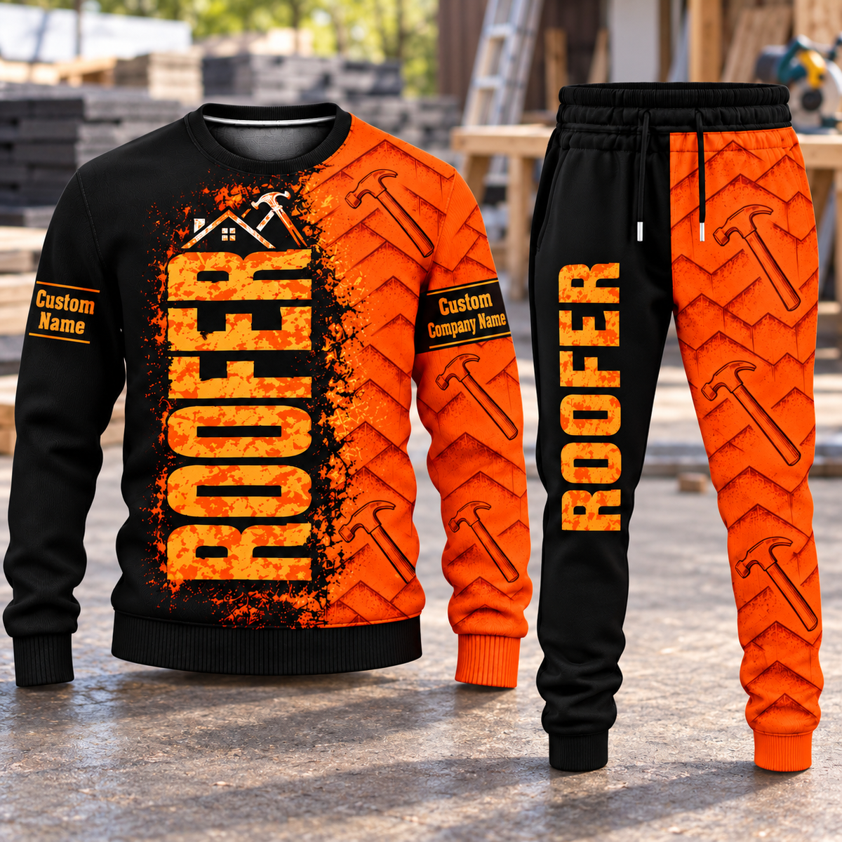 Roofer Vertical Split sweater and jogger combo, hero view with name and company artwork