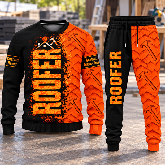 Roofer Vertical Split sweater and jogger combo, hero view with name and company artwork