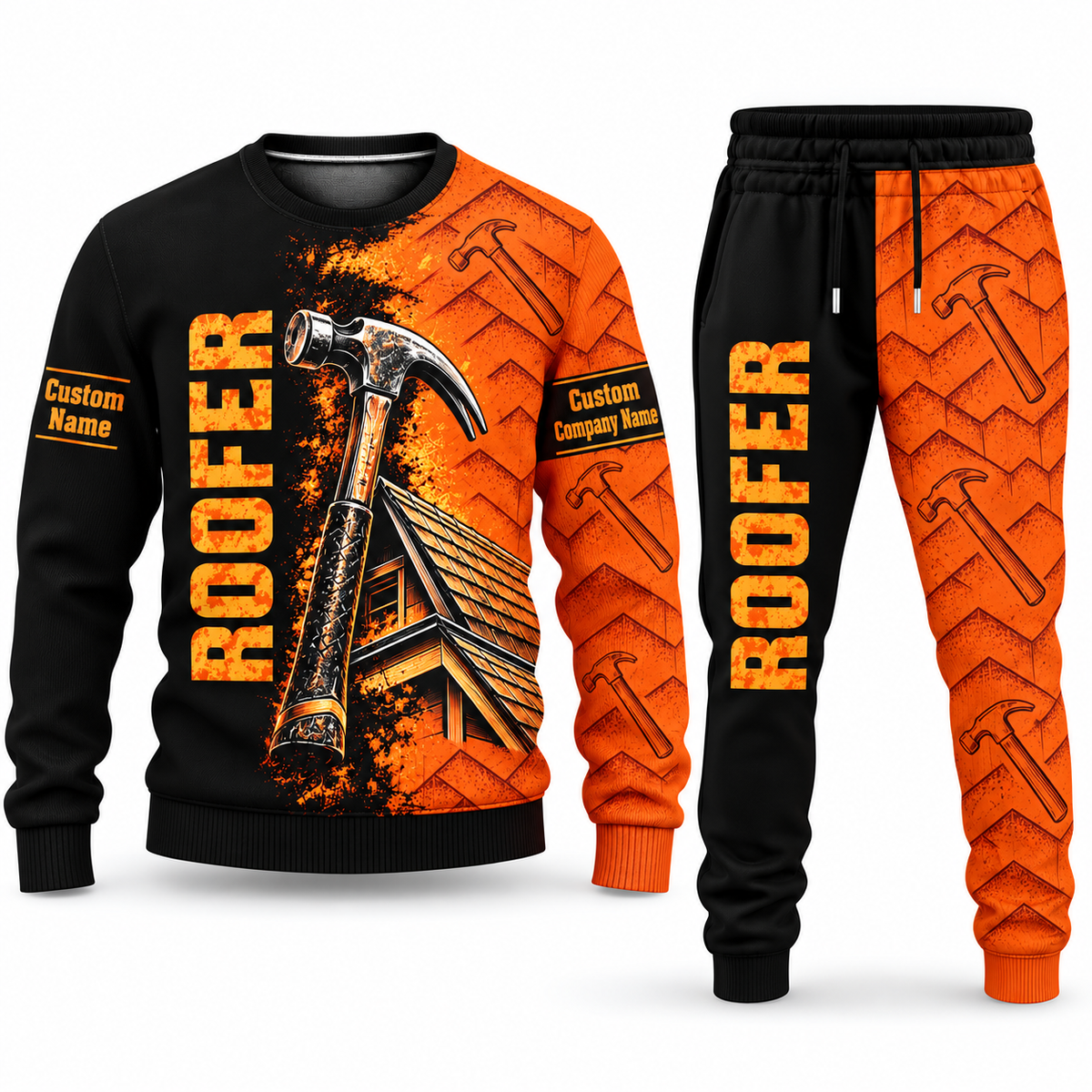 Roofer Vertical Split sweater and jogger combo, tools view with name and company artwork