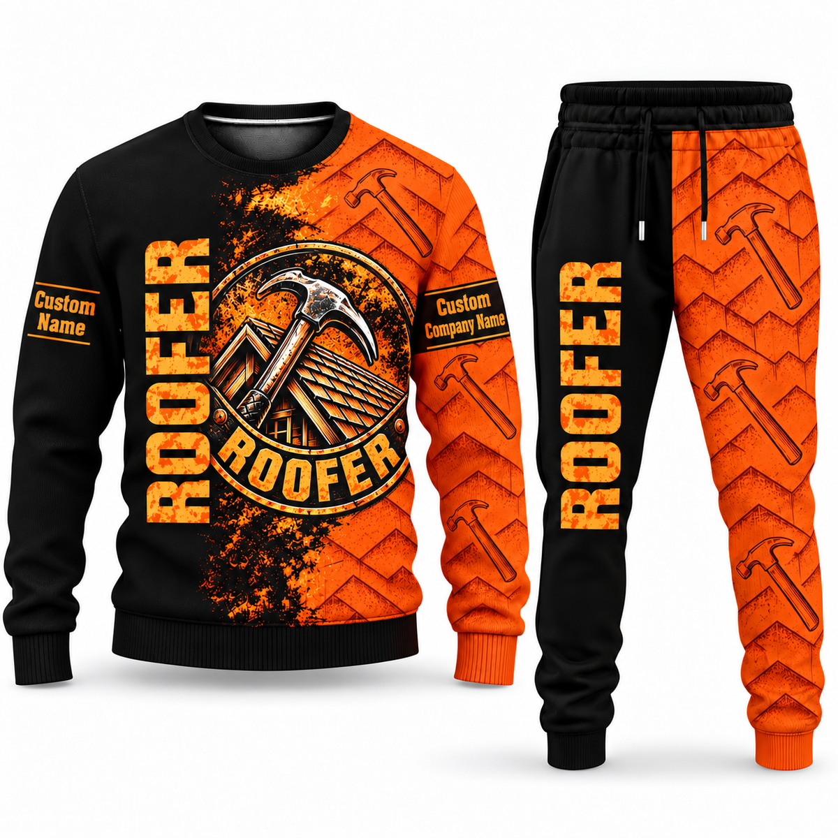 Roofer Vertical Split sweater and jogger combo, emblem view with name and company artwork
