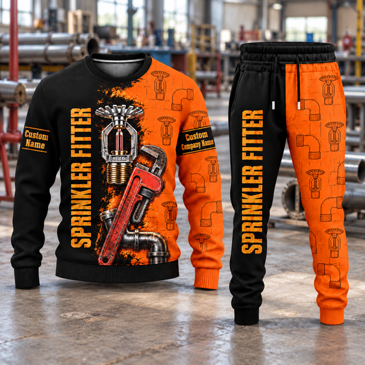 Sprinkler Fitter Vertical Split sweater and jogger combo, hero view with name and company artwork