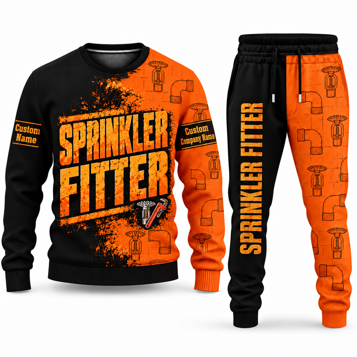 Sprinkler Fitter Vertical Split sweater and jogger combo, typography view with name and company artwork