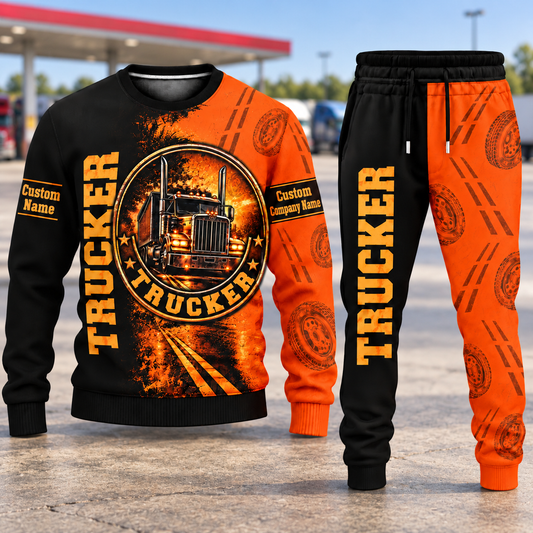 Trucker Vertical Split sweater and jogger combo, hero view with name and company artwork