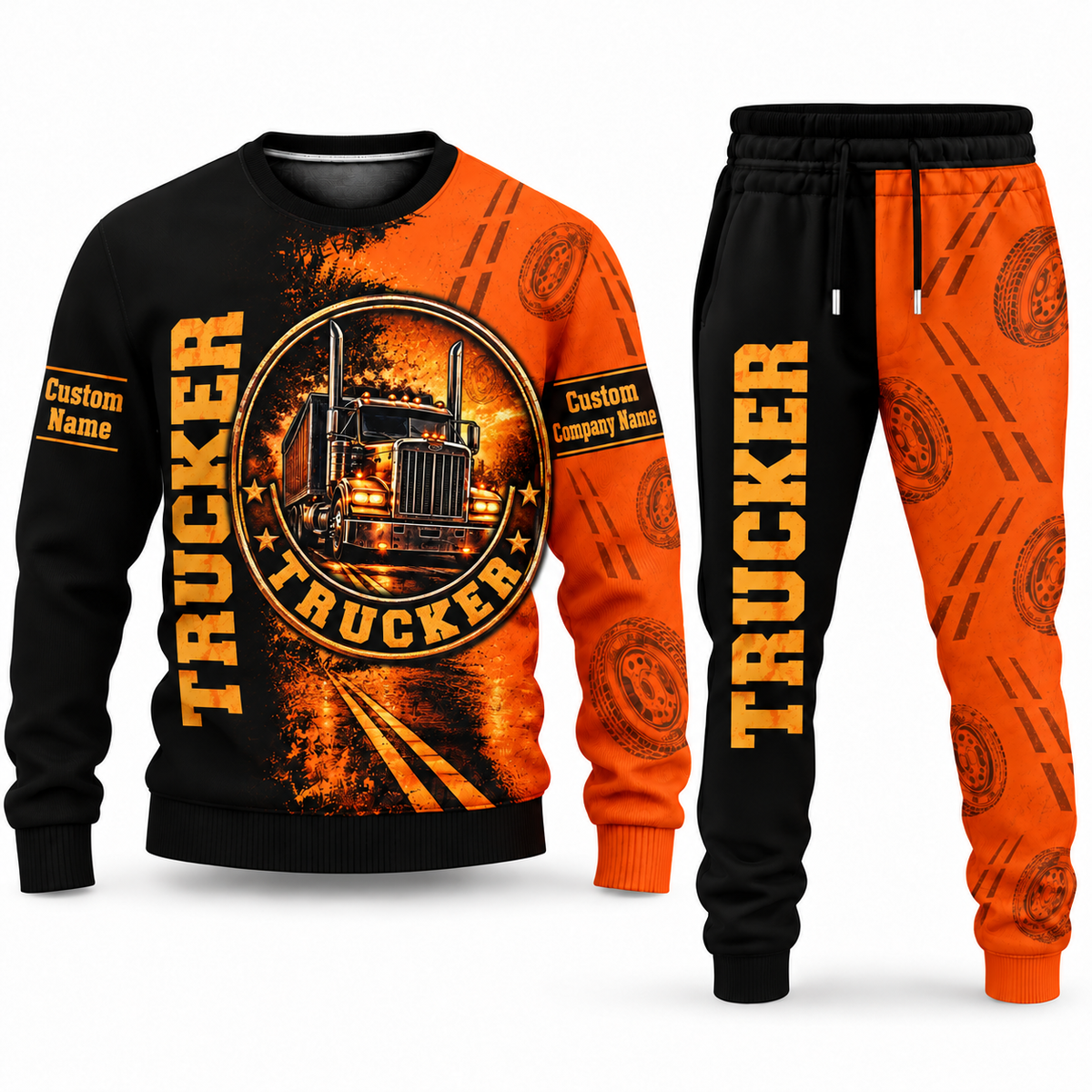 Trucker Vertical Split sweater and jogger combo, emblem view with name and company artwork