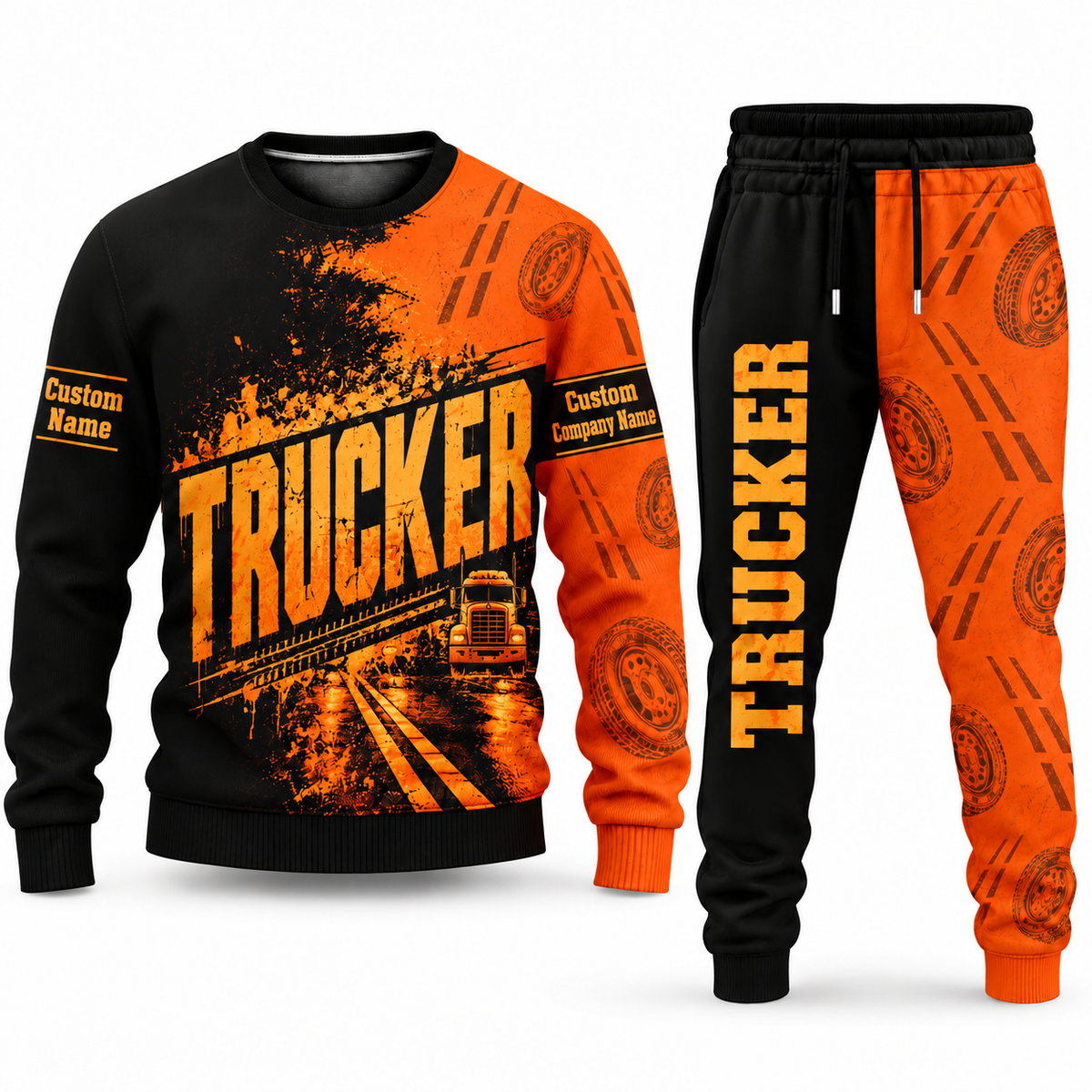 Trucker Vertical Split sweater and jogger combo, typography view with name and company artwork