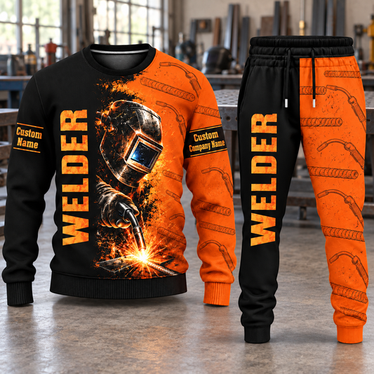 Welder Vertical Split sweater and jogger combo, hero view with name and company artwork