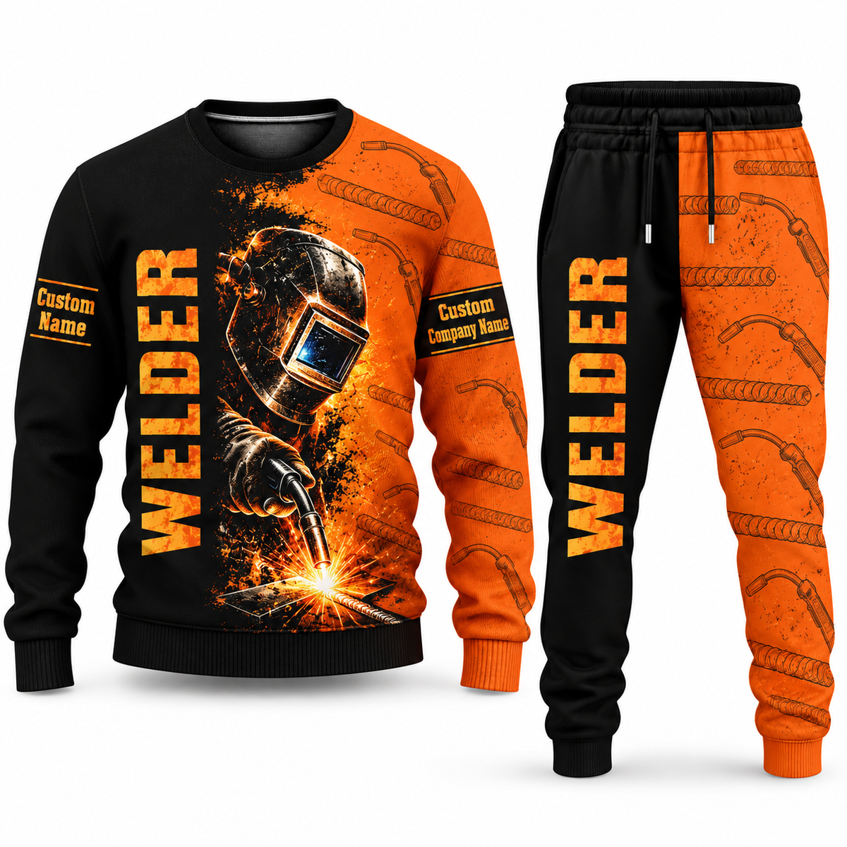 Welder Vertical Split sweater and jogger combo, tools view with name and company artwork