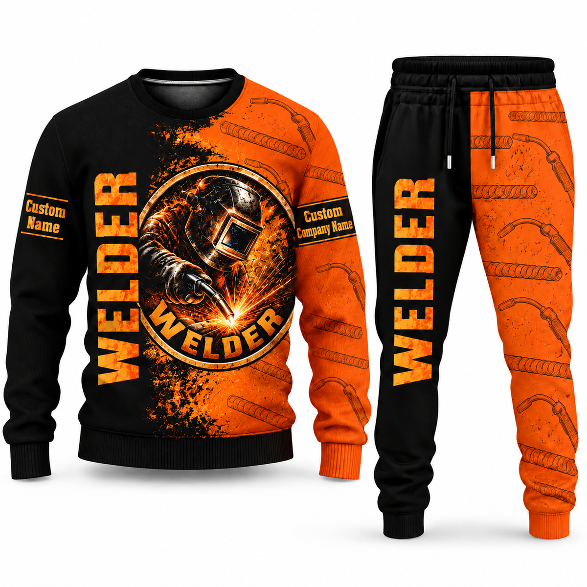 Welder Vertical Split sweater and jogger combo, emblem view with name and company artwork