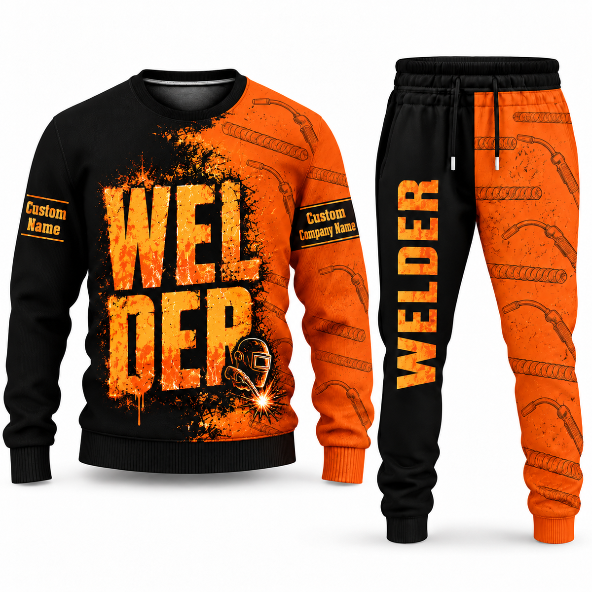 Welder Vertical Split sweater and jogger combo, typography view with name and company artwork
