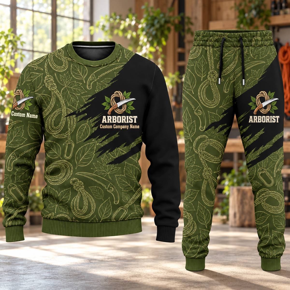 Arborist Diagonal Brush sweater and jogger combo, hero view with name and company artwork