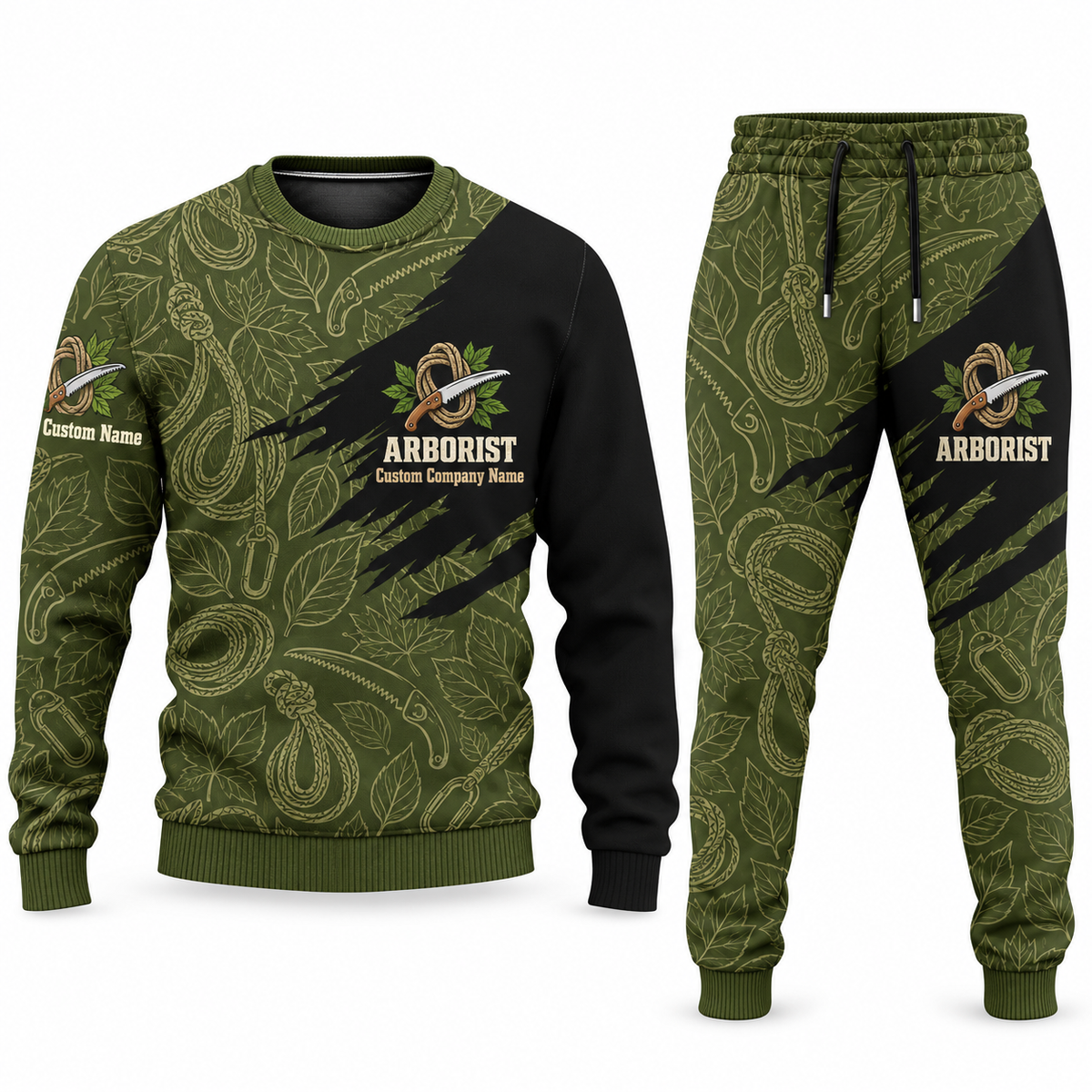 Arborist Diagonal Brush sweater and jogger combo, olive view with name and company artwork