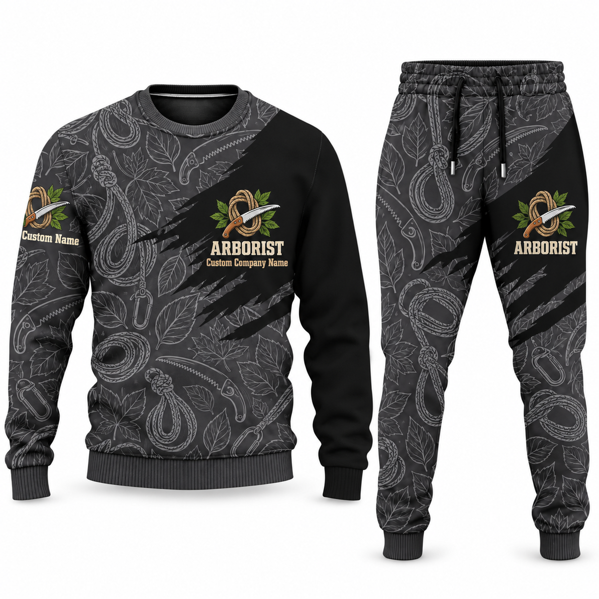 Arborist Diagonal Brush sweater and jogger combo, charcoal view with name and company artwork