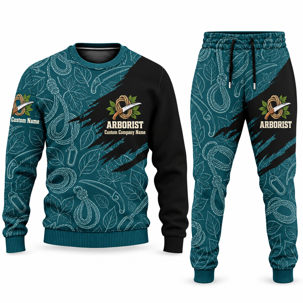 Arborist Diagonal Brush sweater and jogger combo, teal view with name and company artwork