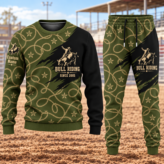 Bull Riding Diagonal Brush sweater and jogger combo, hero view with name and Since 2005 artwork