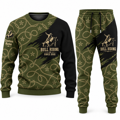 Bull Riding Diagonal Brush sweater and jogger combo, olive view with name and Since 2005 artwork