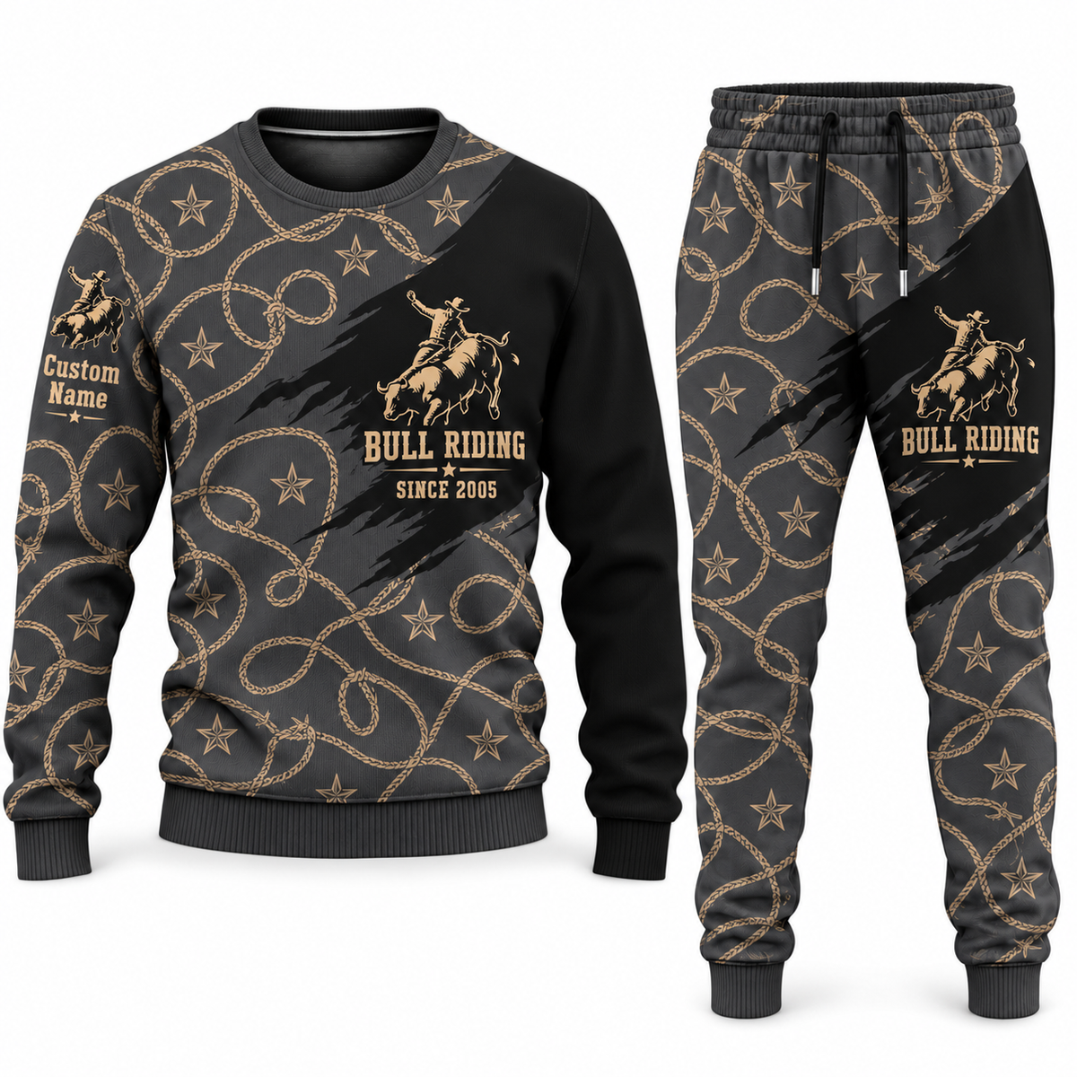 Bull Riding Diagonal Brush sweater and jogger combo, charcoal view with name and Since 2005 artwork