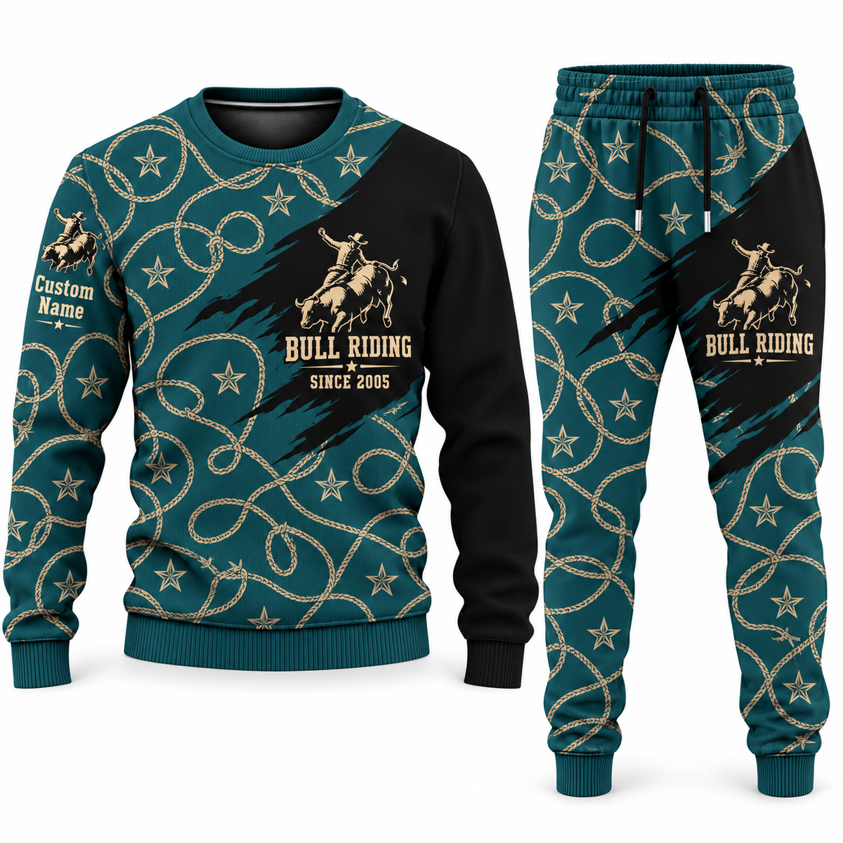 Bull Riding Diagonal Brush sweater and jogger combo, teal view with name and Since 2005 artwork