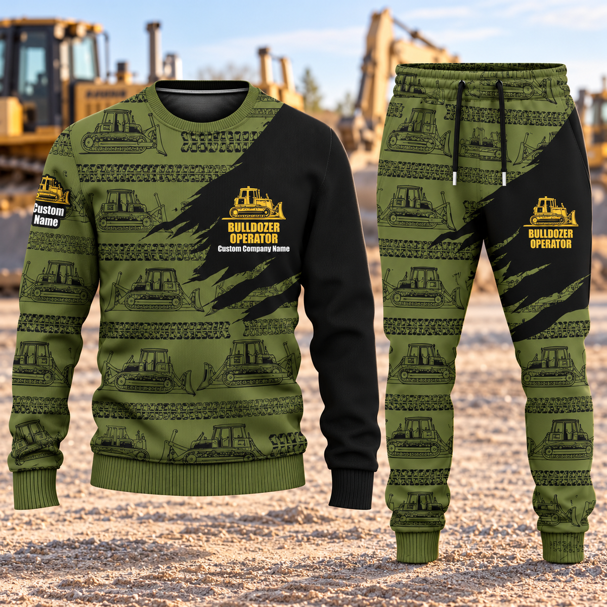 Bulldozer Operator Diagonal Brush sweater and jogger combo, hero view with name and company artwork
