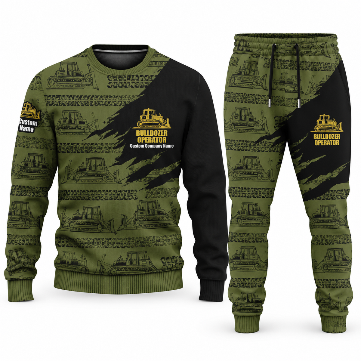 Bulldozer Operator Diagonal Brush sweater and jogger combo, olive view with name and company artwork