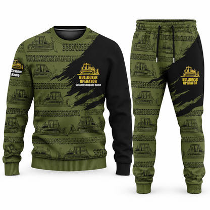 Bulldozer Operator Diagonal Brush sweater and jogger combo, olive view with name and company artwork