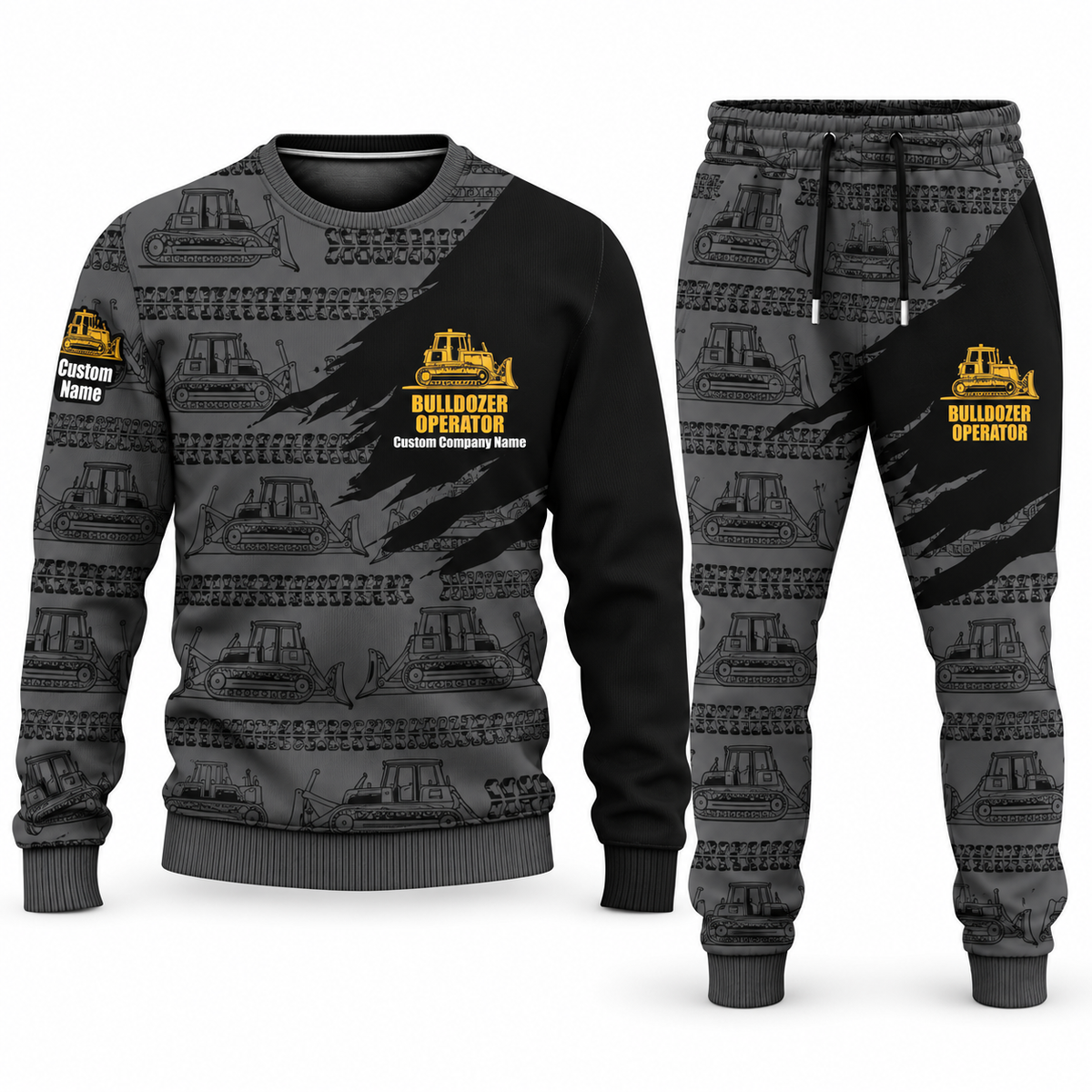 Bulldozer Operator Diagonal Brush sweater and jogger combo, charcoal view with name and company artwork