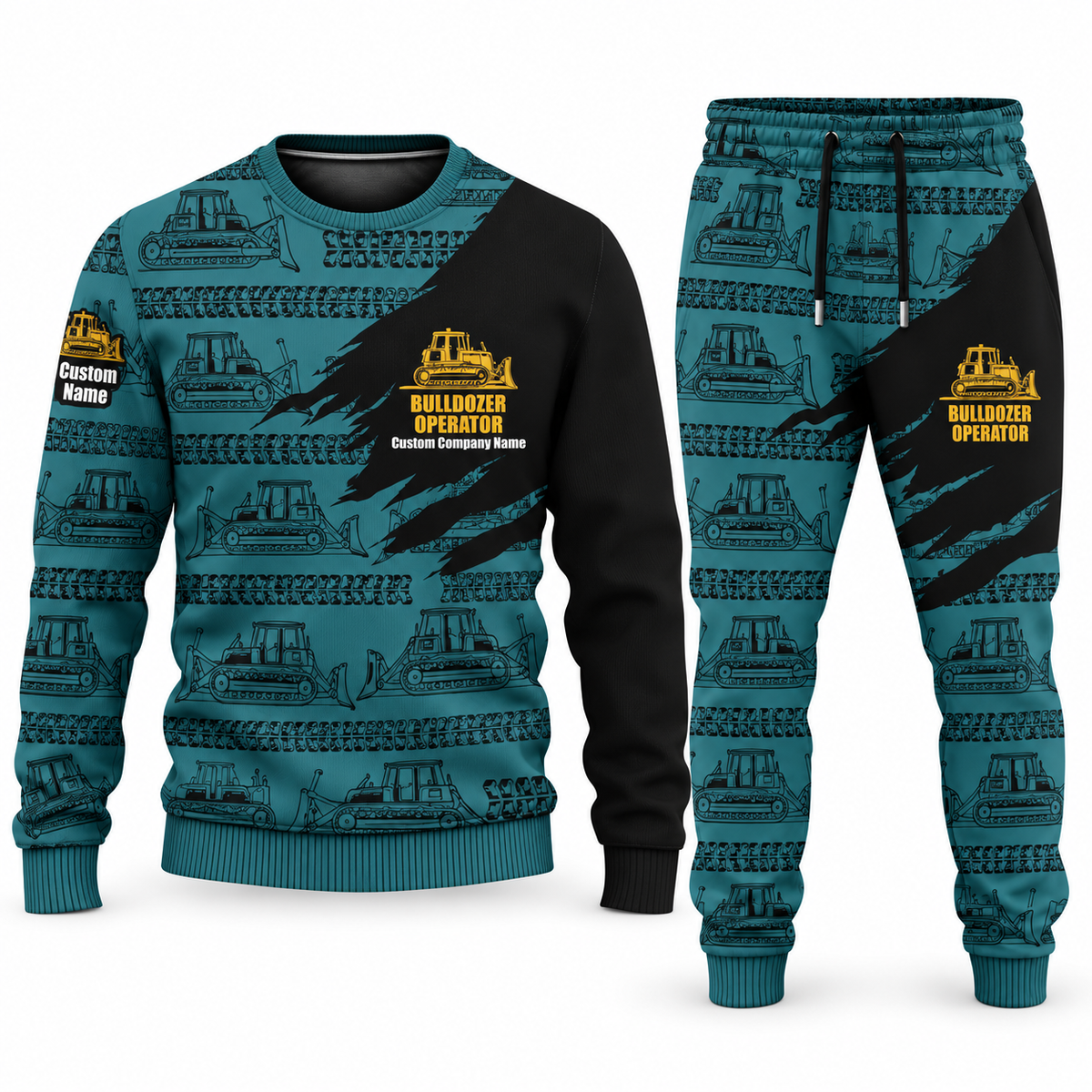 Bulldozer Operator Diagonal Brush sweater and jogger combo, teal view with name and company artwork