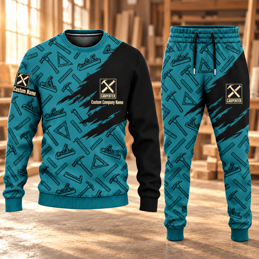 Carpenter Diagonal Brush sweater and jogger combo in teal with personalized name and company artwork