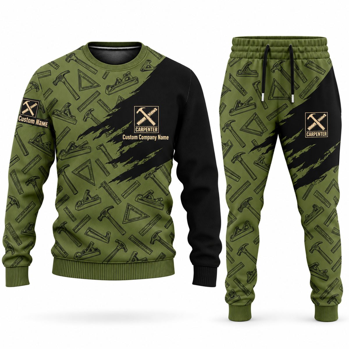 Carpenter Diagonal Brush sweater and jogger combo in olive with personalized name and company artwork