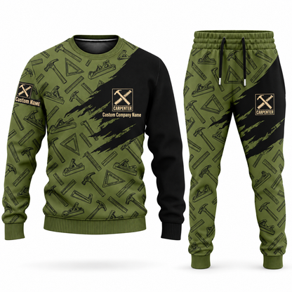 Carpenter Diagonal Brush sweater and jogger combo in olive with personalized name and company artwork
