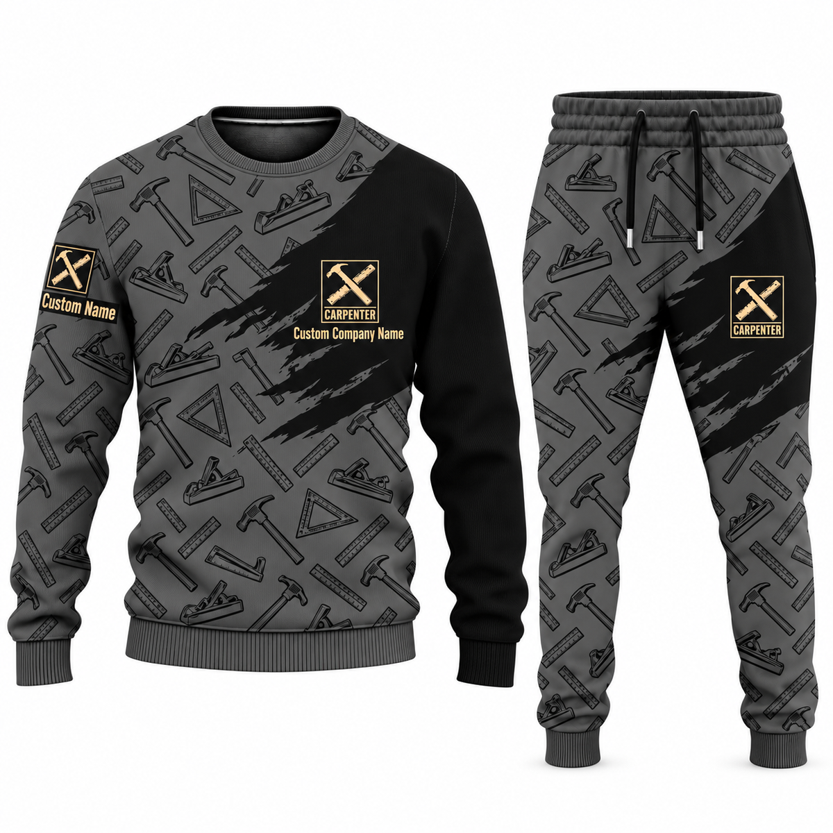 Carpenter Diagonal Brush sweater and jogger combo in charcoal with personalized name and company artwork