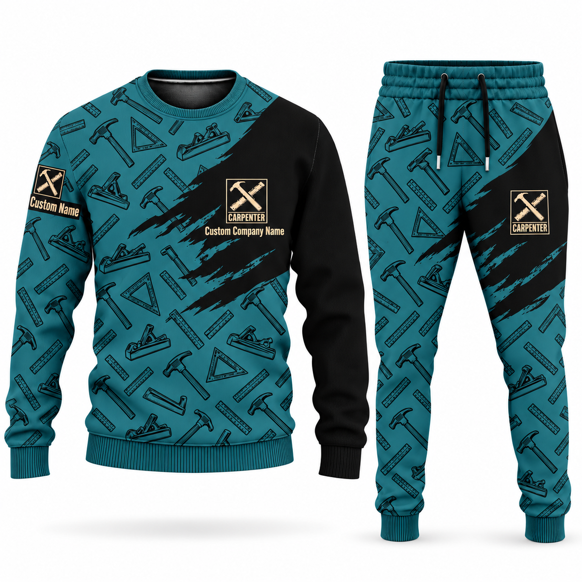 Carpenter Diagonal Brush sweater and jogger combo in teal with personalized name and company artwork